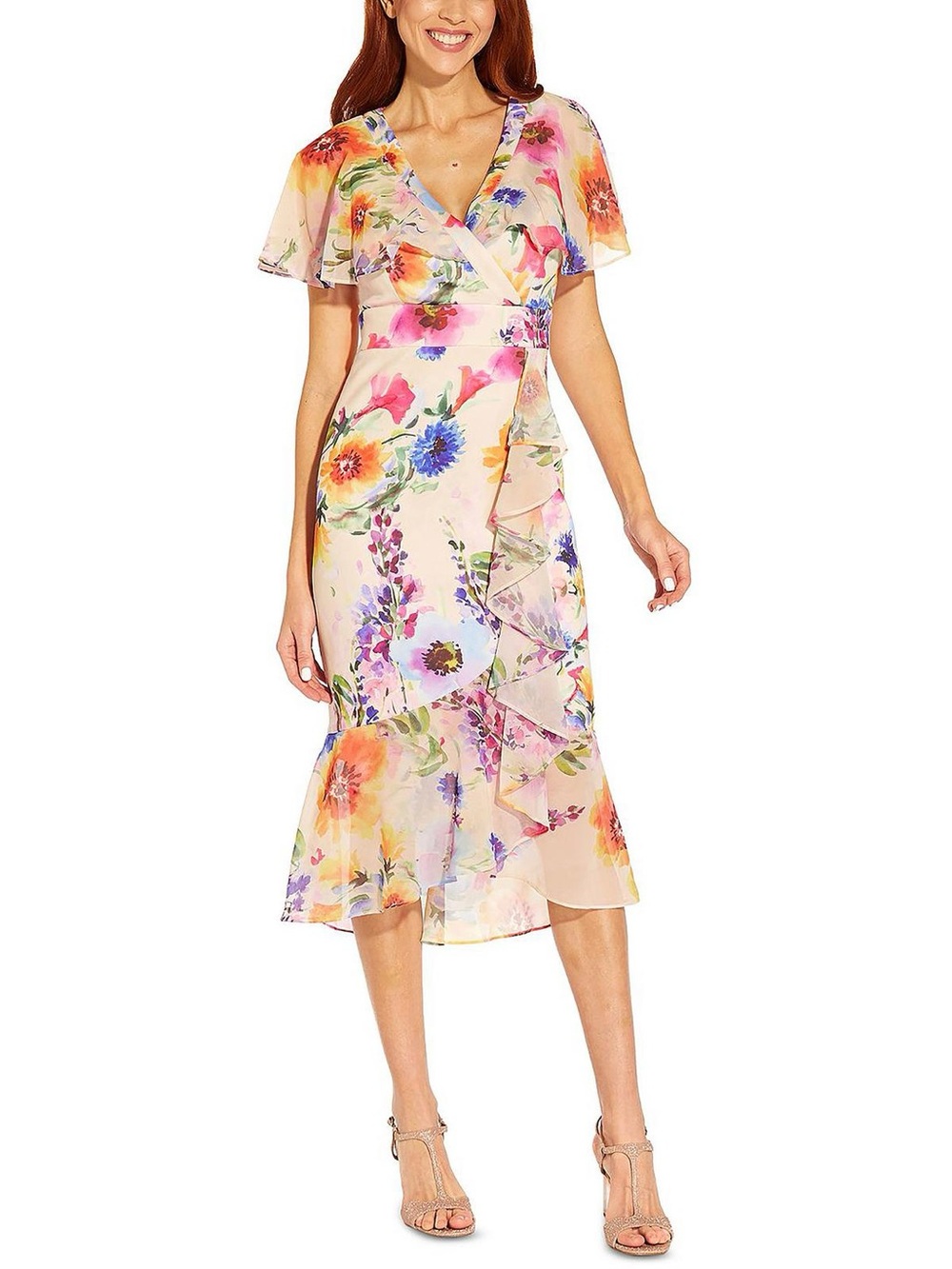 NEW Adrianna Papell Floral Faux Wrap Ruffle Dress Size 6 NWT Cocktail Pink Cream